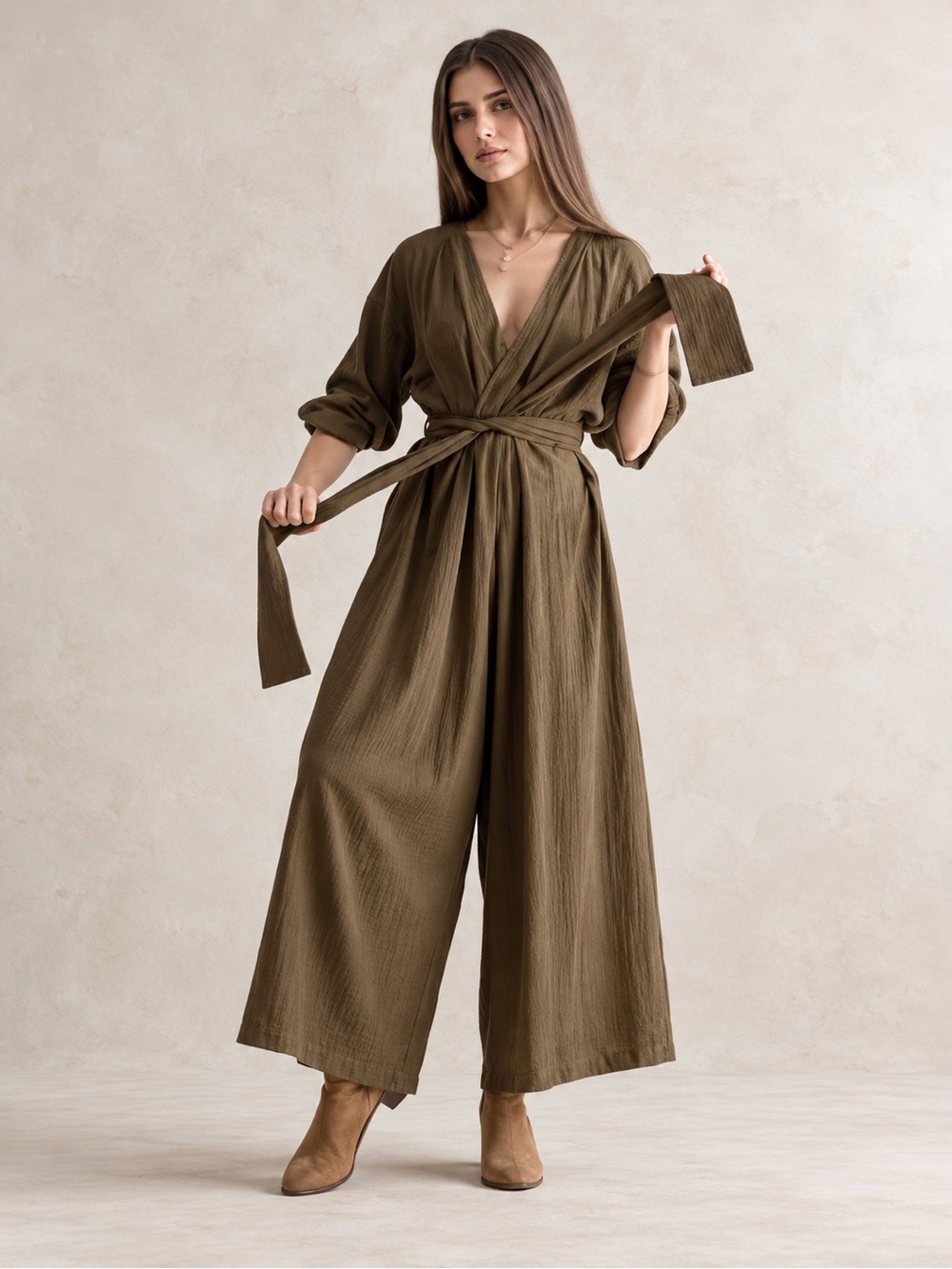 Apiece Apart Olive Tie-Waist Long-Sleeve Jumpsuit